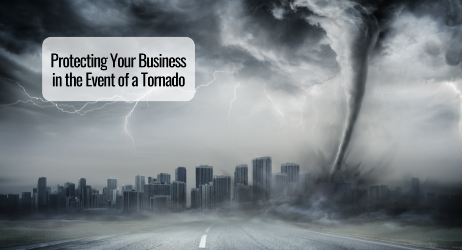 image of tornado approaching a city; commercial buildings in the skyline