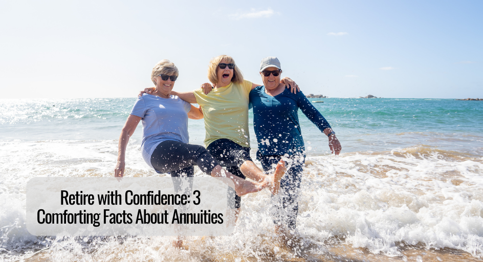 three retired women splashing in the ocean together